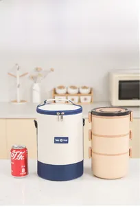 Three-tier cylindrical thermal lunch bag with pink stackable bento box set