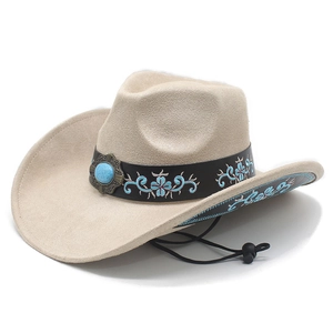 Close-up of beige western cowboy hat with blue floral embroidery and turquoise stone