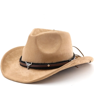 Ethnic camel suede western cowboy hat with metal bull head buckle and braided cord
