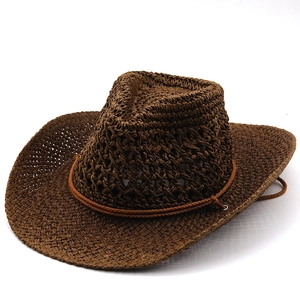 Ethnic style hollow straw cowboy hat in dark brown with breathable weave and chin strap