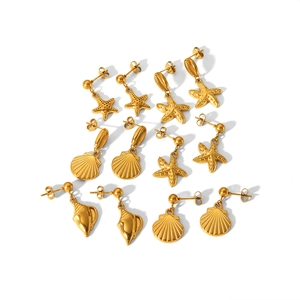 Golden 18k plated stainless steel ocean theme earrings set with starfish and shells