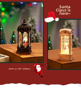 Detail of vintage Christmas lanterns with Santa and snowman scenes and warm LED lighting