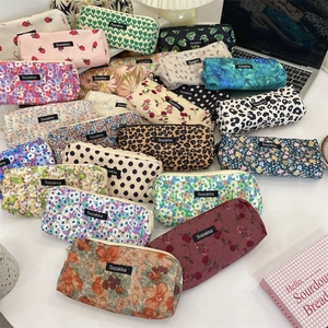 Large Capacity Pencil Case Retro Floral Corduroy Student Stationery Pouch Multi Functional Cosmetic Makeup Organizer