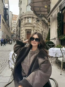Women's deep brown faux shearling jacket with large lapels for casual winter fashion style
