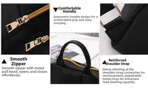 Detail of waterproof nylon backpack showing reinforced handle and golden smooth zipper