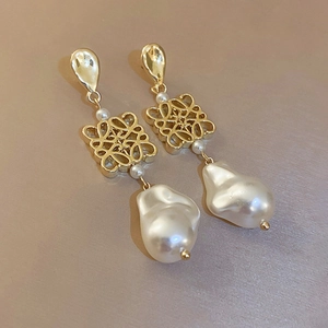 Retro Geometric Hollow Knot Drop Earrings With Copper Imitation Artificial Baroque Pearl And 925 Sterling Silver Earring Post