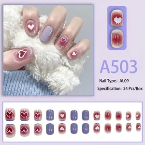 Short round French press-on nails A503 in lilac and wine red gradient with heart designs
