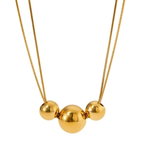 Polished gold stainless steel necklace with three graduated spheres on a sleek snake chain