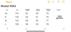 Detailed size chart for women's quilted jacket showing chest and length measurements