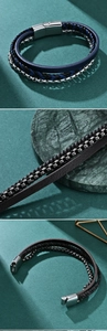 Detail of layered leather bracelet with metal chains and magnetic clasp for men
