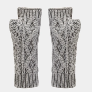 Close-up of grey cable knit fingerless gloves with detailed diamond texture and warmth