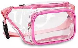 Detail view of pink transparent PVC waist bag with dual zipper compartments and strap
