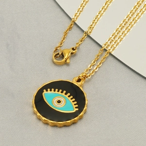 Golden titanium steel necklace featuring a black enamel evil eye pendant with turquoise detail