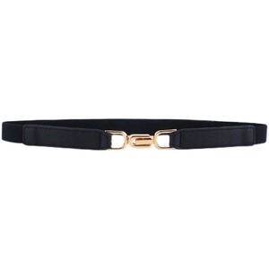 Minimalist black elastic waist belt with a sleek gold metal buckle on a white background
