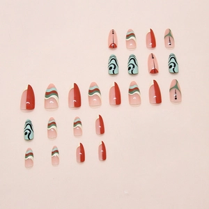 24pcs almond shape press-on nails with retro wavy lines and colorful geometric patterns