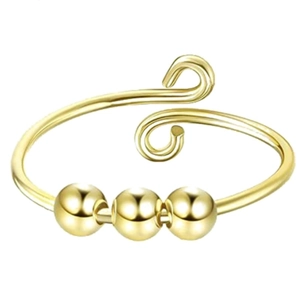 Adjustable gold stainless steel anxiety ring with three rotating beads for stress relief