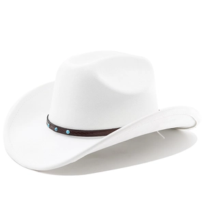 Detail of white suede cowboy hat with brown leather band and turquoise studs