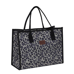 Grey leopard print canvas tote bag with black handles shown on white background