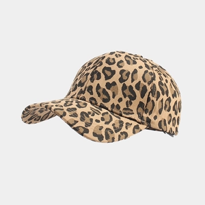 Close-up of leopard print baseball cap featuring high-quality fabric texture and curved brim
