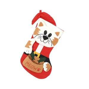 Cute red and white cat themed Christmas stocking featuring Meow bag and Santa hat detail