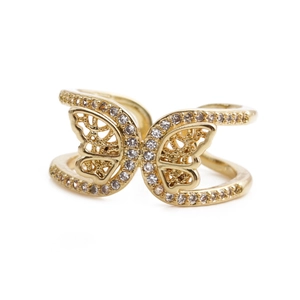 Gold butterfly open ring with white zircon pave setting on a clean white background