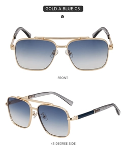 Detail of pilot sunglasses with gold double-bridge metal frame and gradient lenses