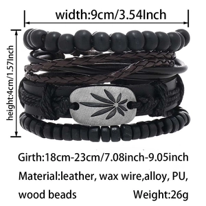 Detailed dimensions of black multilayer leather bracelet set with alloy leaf charm