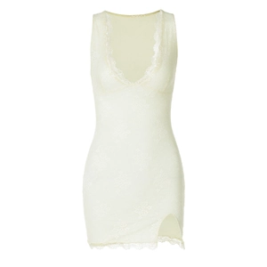 Elegant sleeveless V-neck lace dress in pale yellow with side slit and floral hem