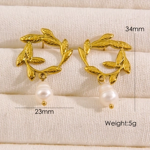 Detail of 14K gold leaf earrings with white pearl drop and dimension measurements