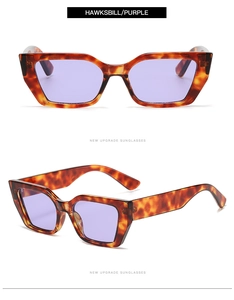 Detailansicht der Schildpatt-Sonnenbrille mit lila Gläsern aus verschiedenen Winkeln
