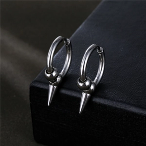 Punk style silver titanium steel hoop earrings with cone spike and bead pendants