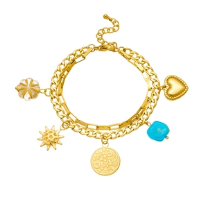 Multi-layer gold-plated stainless steel charm bracelet with heart, sun and pearl pendants