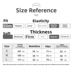 Tableau des tailles détaillé pour body de sport sans couture avec mesures S, M, L en cm