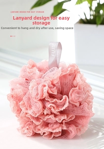 Pink PE mesh loofah with dense layers and FUJIE branded lanyard for easy storage