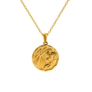 Gold stainless steel necklace with round Aries zodiac pendant featuring sunray engravings