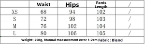 Detailed size chart for shoulder pad jacket and trousers set with XS to L measurements