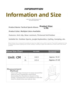 Tactical sports gloves size chart with palm width and circumference measurement guide