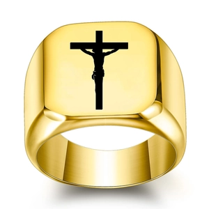 Vintage 304 Stainless Steel Signet Ring With Crucifix Jesus Cross Pattern For Men Religious Punk Style Jewelry