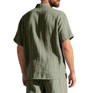 Back view of men's green and white vertical striped casual shirt and shorts set