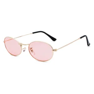 Retro oval metal sunglasses with pink lenses and slim gold frame for men and women