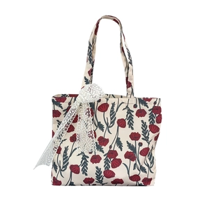 Large capacity cream white canvas tote bag featuring red poppy print and lace ribbon