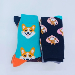 Detail of cute Corgi cartoon patterns on knit cotton mid-calf socks in diverse colors