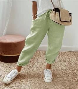 Damen Freizeithose aus Baumwollleinen in Hellgrün mit Kordelzug am hohen Bund und Taschen