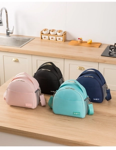 Detailed view of four insulated lunch bags in multiple colors with shoulder straps