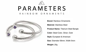 Detailed dimensions of 5mm wide twisted cable steel bracelet with zircon stone ends