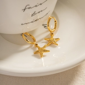 Seestern Anhänger Creolen 18K Vergoldet Edelstahl Französisch Vintage Gehämmerte Textur Schmuck Für Damen