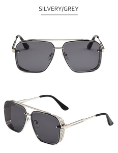 Steampunk silver metal frame sunglasses with grey lenses shown in front and side views