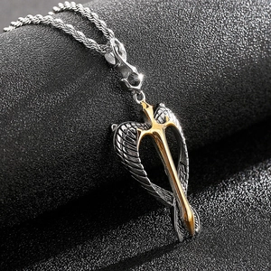 Retro Egyptian Pharaoh eagle wings cross pendant in silver and gold steel for men