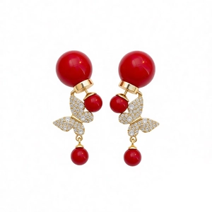 Vintage gold plated butterfly pearl earrings with red beads and zircon accents