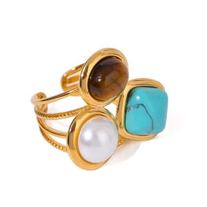 Gold stainless steel open ring with turquoise, tiger eye stone and pearl inlay